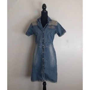Von Dutch Vintage Upcycled Reworked Denim Dress M Y2K 90s Embroidered Crochet